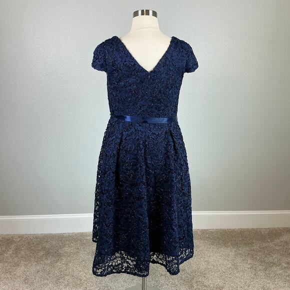 Alex Evenings Beaded Lace Cocktail Dress Blue Size 14W Belted Fit and Flare - Picture 6 of 13